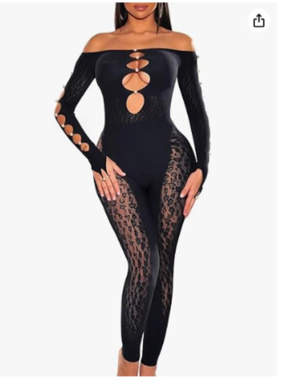ZILEZILE BLACK SHEER LACE CUT OUT JUMPSUIT OFF SHOULDER CLUBWEAR